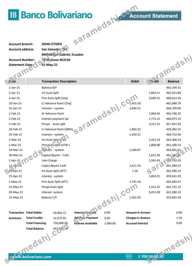 Ecuador Banco Bolivariano bank statement easy to fill template in .xls and .pdf file format
